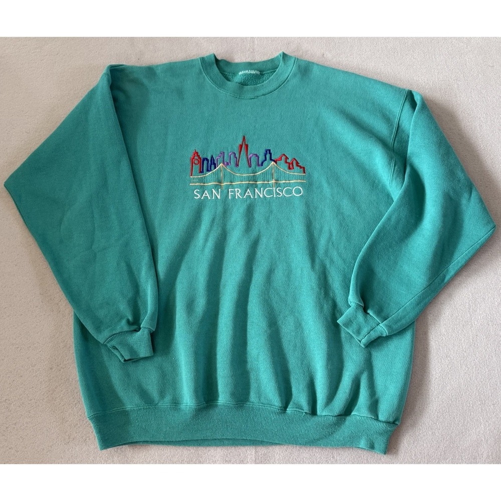 VTG San Francisco Bridge Skyline Embroidered 90s Teal Blue Crewneck Sweatshirt L